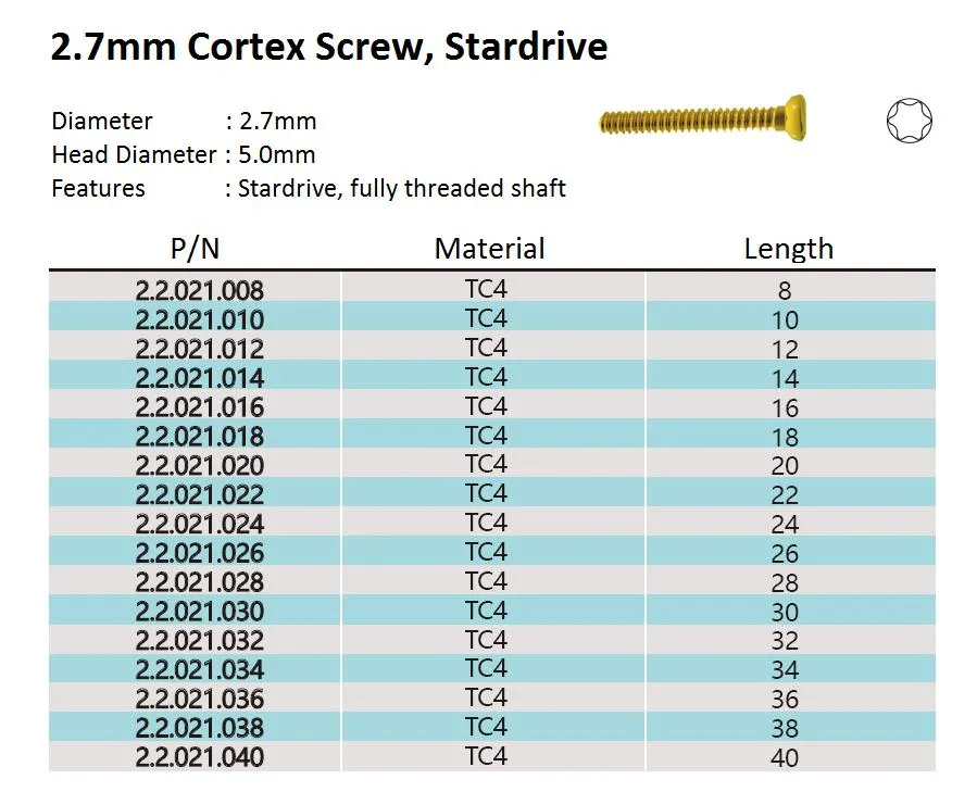 2.7mm Cortex Bone Screw, Stardrive, Fully Threaded, Mini Fragment Screws, Titanium, Orthopedic Implant, Trauma, Surgical Instrument, Medical Instrument, CE/ISO