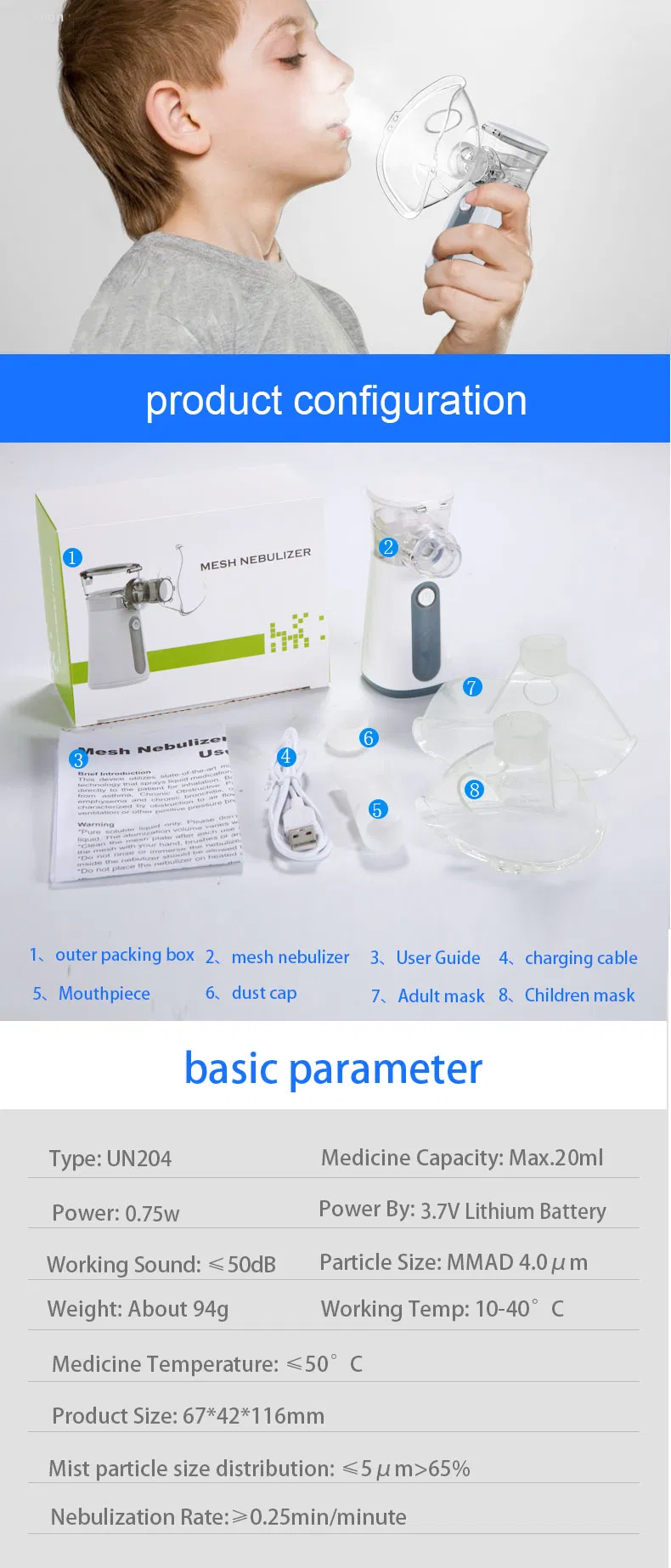 Hochey Medical Hot Selling Un204 Portable Kids Asthma Inhaler Kids Steam Portable Chargable Nebulizer for Children and Adoult